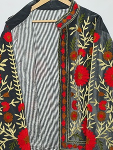 Women's <b>Velvet</b> <b>Jacket</b> Mandarin Collar Hand Embroidered Floral Pattern Full Sleeve Autumn Style - Product Image 6