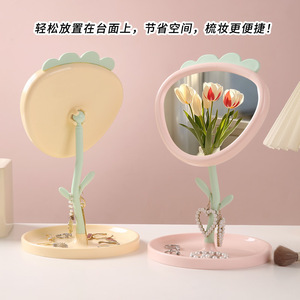 Floral Makeup <b>Mirror</b> Round Glass Lens Desktop <b>LED</b> Beauty <b>Mirror</b> For Student Dormitory Princess Style High Definition - Product Image 2