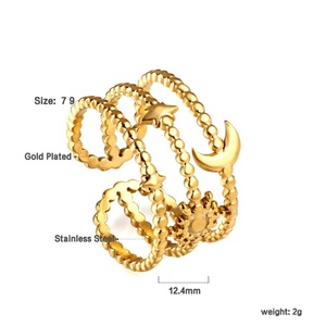 Anillos Abiertos de Tres Capas con Cuentas de Acero Inoxidable Personalizados, Anillo de Moda Chapado en Oro de 18K con Diseño de Luna y Estrella para Mujer - Product Image 2