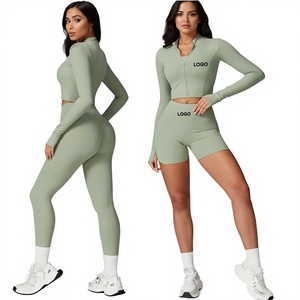 Conjunto de 2 piezas de leggings de yoga sin costuras de manga larga con fruncido y cintura alta, cuello redondo, largo completo, color liso, Spandex/Nylon, elasticidad en 4 direcciones. - Product Image 1