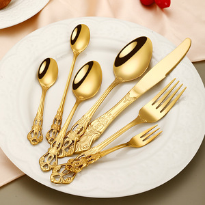 Set di posate di lusso all'ingrosso in acciaio inossidabile con manico barocco antico, argento vintage e oro, per matrimoni - Product Image 2