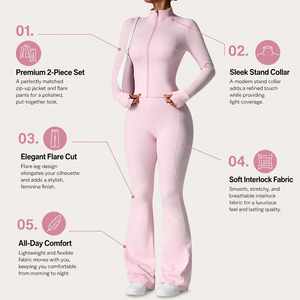 <b>Women</b> Premium Soft Pink Two Piece Yoga Set with Long Sleeve Zip Up <b>Jacket</b> Thumb Holes and High Waist Flared Bell Bottom Pants - Product Image 5