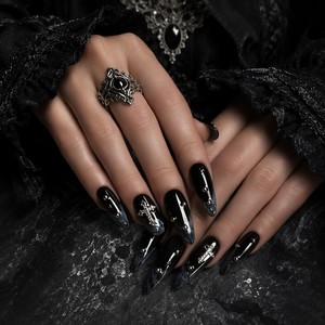 Faux ongles à presser en marbre noir avec strass en croix, couvrance totale, amovibles, pour femmes - Product Image 5