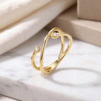 Bague double fine STKR27 en acier inoxydable 304 plaqué or 14K PVD, motif floral avec zircon cubique, bague ouverte croisée, cadeau