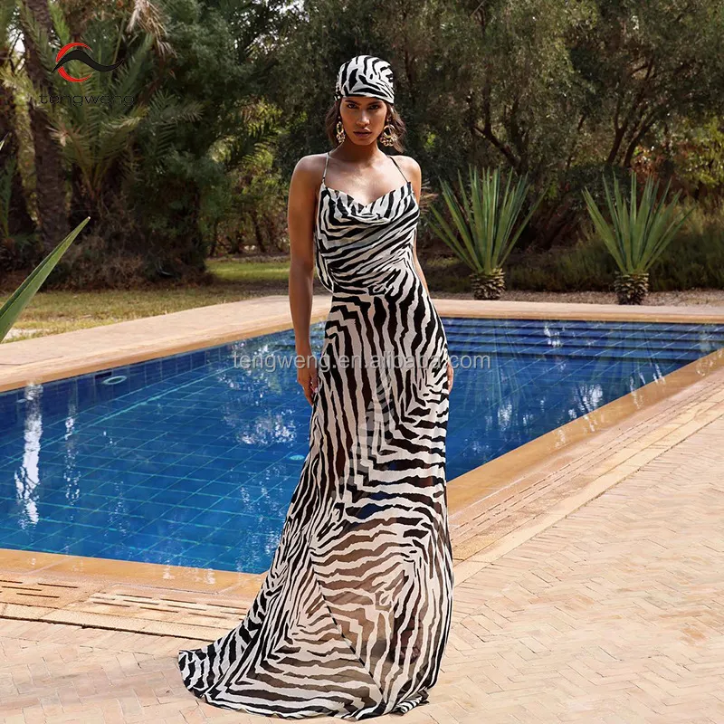 TW seksi Zebra desen spagetti kayışı yan bölünmüş geri açık uzun plaj elbise yaz kadın plaj kıyafeti mayo Cover Up
