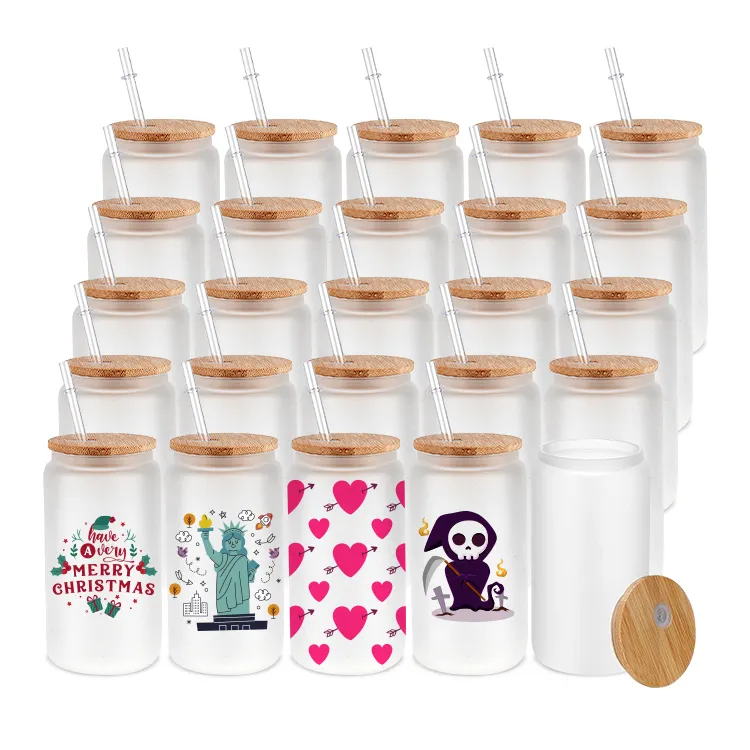 AilinGalaxy US entrepôt petit gobelet à bière givré 16oz sublimation verre transparent gobelet avec couvercle en bambou et paille