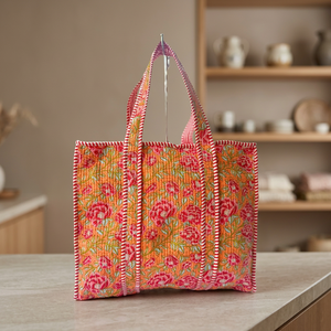 Bolsos de Mano al por Mayor de Alta Calidad, Bolsos de Moda para Mujer con Estampado Floral, Asas a Rayas Rojas y Naranjas, Bolsos de Compras con Parte Superior Abierta - Product Image 3