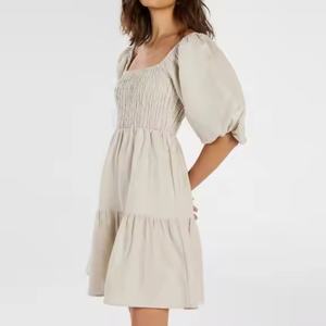 Vestido de Lino de Alta Calidad a Bajo Precio para Mujer, Estilo Ejecutivo, Cuello Cuadrado, Casual, Espalda Descubierta, Manga Abullonada, Mini Vestido de Verano para Dama - Product Image 2