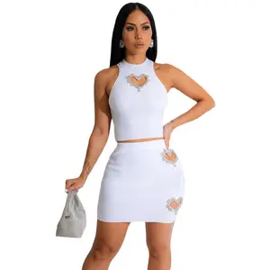 Hot Selling Women's Clothing In Foreign Trade Sexy Rhinestone With Exposed Navel And Hollow Out Vest Casual Short Skirt Set For