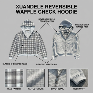Sudadera con capucha y cremallera completa para hombre, reversible, de punto gofrado y a cuadros, estilo casual urbano, 2 en 1, térmica y holgada - Product Image 2