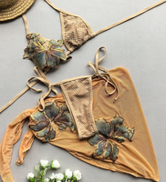 Penjualan Panas STOK Bikini Tiga Potong Motif Bunga Besar Set Baju Renang Wanita Seksi Sarung Pantai Berbahan Jaring