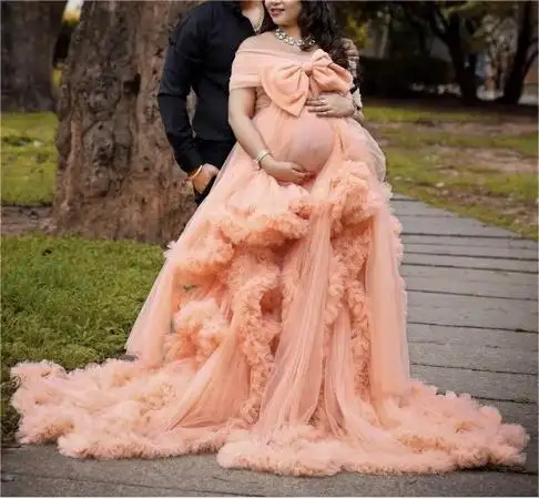 Maxi Long Pregnancy Photoshoot Woman Photography Pregnant Clothing Tulle Ruffle Maternity Robe Photo Shoot Dress