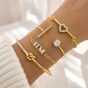 Elegant <b>Letter</b> Love Cuff Bracelet Set Zinc Alloy Gold Silver Color Crystal Rhinestone Heart Flower Infinite 8 Hollow Open - Product Image 4
