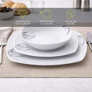 Service de vaisselle carré en porcelaine, 18 pièces, blanc avec motif tourbillon gris, pour 6 personnes - Product Image 4