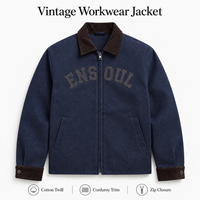 Vestes en sergé de coton vintage pour hommes, col en velours côtelé, broderie personnalisée, style streetwear décontracté, par un fabricant de vêtements
