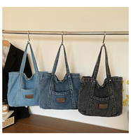 Tas Tote Denim Kustom Vintage Tas Selempang Belanja Warna Solid Kasual Tas Hadiah Retail Tas Kantor Komuter Kustom OEM ODM Grosir