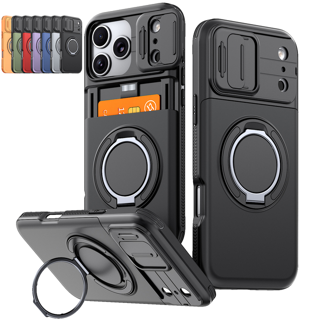 Shockproof Armor Phone Case for iPhone 17 16 15 14 13 12 11 Pro Max with Slide Camera Lens Cover Ring Stand Wallet Card Holder