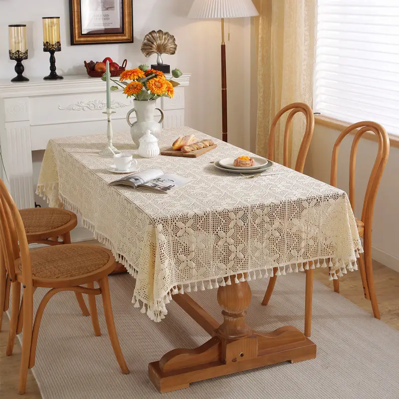 Retro American country pastoral crochet hollow table cloth lace tassel cloth coffee table tablecloth