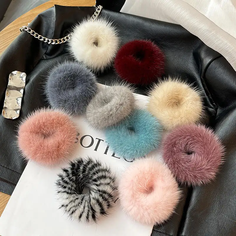 JIRIS 2022 New Fashion Furry Scrunchies Headband Real Mink Fur Hair Rings For Women
