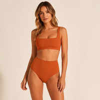 Großhandel Burnt Orange High-Waist Bikini-Set mit eckigem Ausschnitt, kurzes Oberteil, Retro Damen Bademode, OEM Fabrik Großhandel, kundenspezifisches Logo