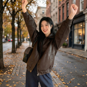 Chaqueta Bomber de Cuero PU para Mujer, Color Sólido, Cierre de Cremallera, Cuello Camisero, Resistente al Viento, Ropa de Abrigo para Otoño - Product Image 2