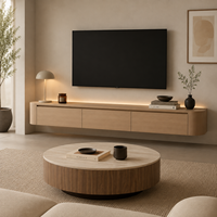 Meuble TV mural flottant avec éclairage LED intégré, coins arrondis, placage chêne, trois tiroirs, armoire de rangement pour salon