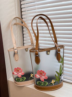 Sac seau portable en PVC transparent givré, imprimé bambou, brodé à la main, style chinois moderne, pour femme, été