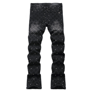 OEM ODM Men <strong>Black</strong> Grid Jacquard <strong>Skinny</strong> Jeans Luxury Hot-Fix Rhinestone Slim <strong>Fit</strong> Denim Pants Low MOQ Wholesale <strong>Trousers</strong> - Product Image 3