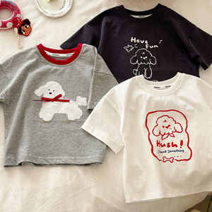Cute Puppy Print Summer Short Sleeve Casual Baby T-Shirt For Boys And Girls Off White Gray Black Cotton Kids Top - Product Image 2