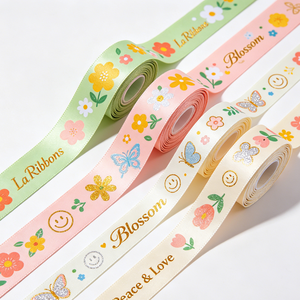 Wholesale Factory 22mm Spring Themed Gold Sliver Foil Print Floral Satin <b>Ribbon</b> Wholesale for Flower Bouquet Decoration - Product Image 4