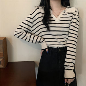 <b>Striped</b> V-Neck Long Sleeve Knit Top For Women Spring Autumn Thin Viscose Fiber <b>Sweater</b> Regular Sleeves <b>Black</b> Apricot Green - Product Image 1