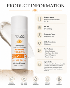 Crème solaire minérale OEM naturelle à marque privée, hydratante, au suif <span class=keywords><strong>de</strong></span> bœuf nourri à l'herbe, SPF50, sans <span class=keywords><strong>nano</strong></span>-<span class=keywords><strong>oxyde</strong></span> <span class=keywords><strong>de</strong></span> <span class=keywords><strong>zinc</strong></span> - Product Image 6