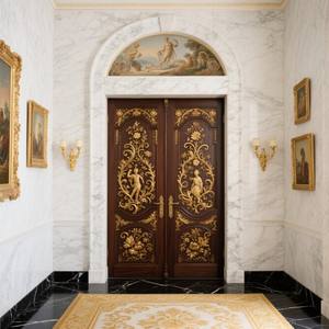 Porte principale à double ouverture de <span class=keywords><strong>château</strong></span> sculpté classique de style européen, entrée d'église, porte solide arquée en teck - Product Image 4