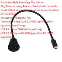 Cable de Extensión USB Tipo-C Macho a Hembra de 1m, Resistente al Agua, para Montaje en Panel, PD100W, 20Gbps, 4K60HZ, Gran Venta