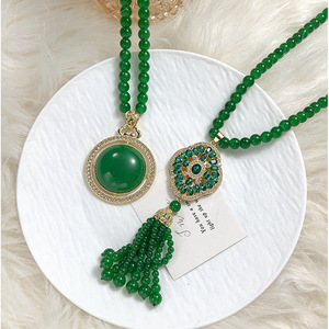 Chinese Style Green Ruyi Sweater Chain Long Necklace Tassel Pendant Zinc Alloy Retro Fashion Accessory - Product Image 1