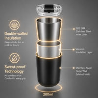 Gobelet de voyage isotherme à double paroi de 280 ml, anti-fuite, en acier inoxydable de qualité alimentaire, tasse portable, tasse de voiture pour les voyages, cadeau
