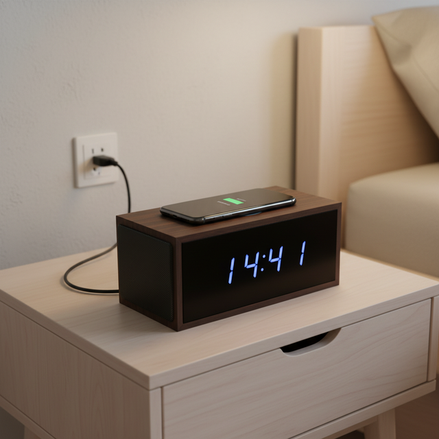 Smart Wooden LED Alarm Clock Wireless Charging Digital Voice Control Temperature Display Battery Powered for Kitchen Bathroom