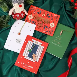 Op Maat Gemaakte Bedrukte Eco-Luxe En Verfijnde Rode Belhanger Vrolijke Kerstwenskaarten Met Enveloppen