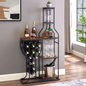 DB 11 <b>Bottle</b> Freestanding Wine <b>Rack</b> with Hanging Glass Holder 5 Tier Wood Panel <b>Storage</b> Shelves for Home Use - Product Image 1