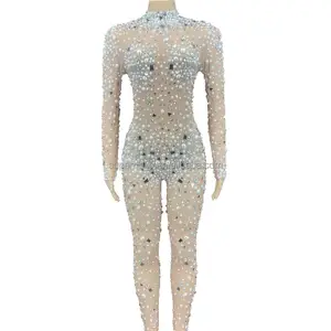 Luxe Parels Spiegels Steentjes Mesh Transparante Jumpsuit Lady Avond Prom Party Verjaardag Vieren Outfit Stadium Kostuum
