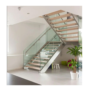 Biệt thự <span class=keywords><strong>2</strong></span> bên thép tấm ráp dây thẳng tầng hầm cầu thang U hình dạng cầu thang gỗ lan can gỗ sồi trắng cầu thang với ánh sáng LED - Product Image 2