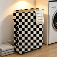 Keranjang Cuci Pakaian Motif Kotak-Kotak Hitam Putih Grosir/Kustom dengan Roda, Tempat Penyimpanan Pakaian Kotor untuk Kamar Mandi