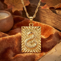 Collier Pendentif en Acier Inoxydable Plaqué Or avec Motifs Loong et Caractères Fu Chinois, Bijoux pour Femmes et Hommes