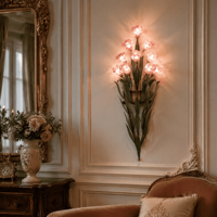 Applique murale vintage de style campagnard français avec abat-jour en verre floral, lampe murale rustique antique pour chambre à coucher et salon
