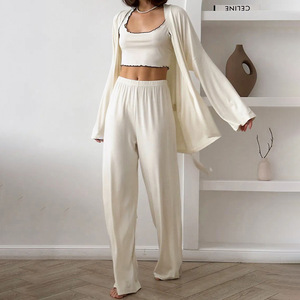 Pigiama in Seta di Latte Morbido e Delicato sulla Pelle per <span class=keywords><strong>Donne</strong></span>, Set da Notte in 3 Pezzi con Bordo Ondulato, Abbigliamento Casual per Casa - Product Image 2