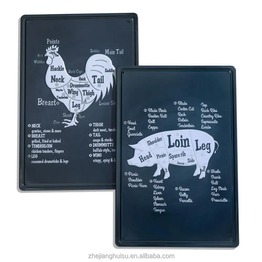 Poster Menu Skema Pemotongan Antik Pelat Potongan Daging Sapi Domba Babi Pelat Logam untuk Dapur Luar Ruangan Barbekyu Pojok BBQ Bar Man Cave