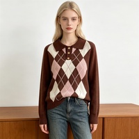 Pull-over décontracté à manches longues pour femme, col polo, en tricot jacquard Argyle, motif losanges, coupe décontractée, style preppy, automne
