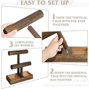 Organizador de joyas de madera de 2 niveles con barra en T, soporte para pulseras con compartimento y soporte acolchado para anillos para almacenamiento en escritorio. - Product Image 3