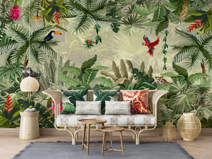 Papel Tapiz con Diseño <span class=keywords><strong>de</strong></span> Animales y Plantas <span class=keywords><strong>de</strong></span> la Selva Tropical, Decoración <span class=keywords><strong>de</strong></span> Pared Interior para Sala <span class=keywords><strong>de</strong></span> Estar, Hotel, Cafetería, con una Vibrante Flora y Fauna - Product Image 2