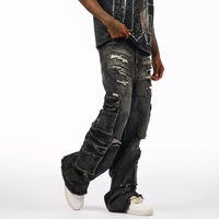 Utility-Pockets Distressed Parachute Denim Hose Loose Fit Jeans in Washed Black Cargo Baggy Fit für Herren